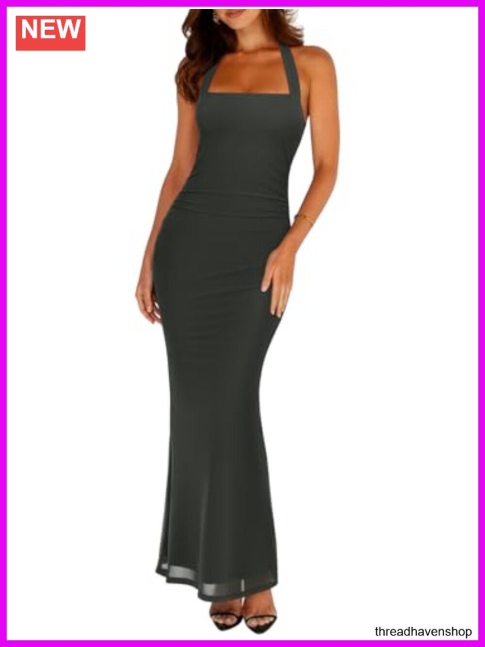 Mesh Sheer Sleeveless Maxi Dress - Ruched Bodycon Square Neck Halter Tie Back
